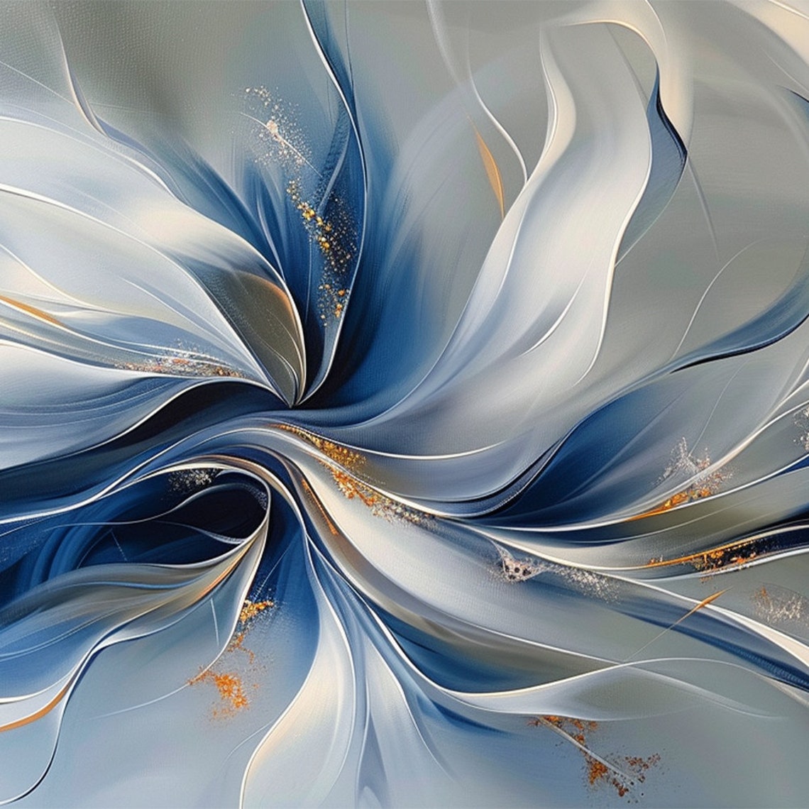 Blue White Silk Flow Gold Accents Abstract Flowing Painting Poster - Image 6