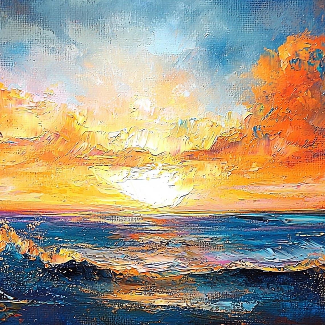 Dramatic Ocean Sunset Deep Blue Waves Seascape Painting Poster - Image 5
