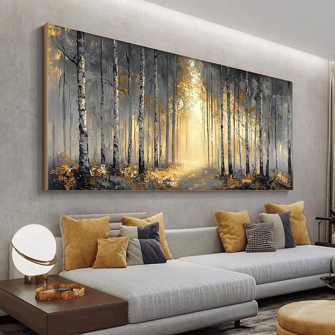 Sunlit Birch Forest Path with Golden Light on Gray Trees Poster - Image 5