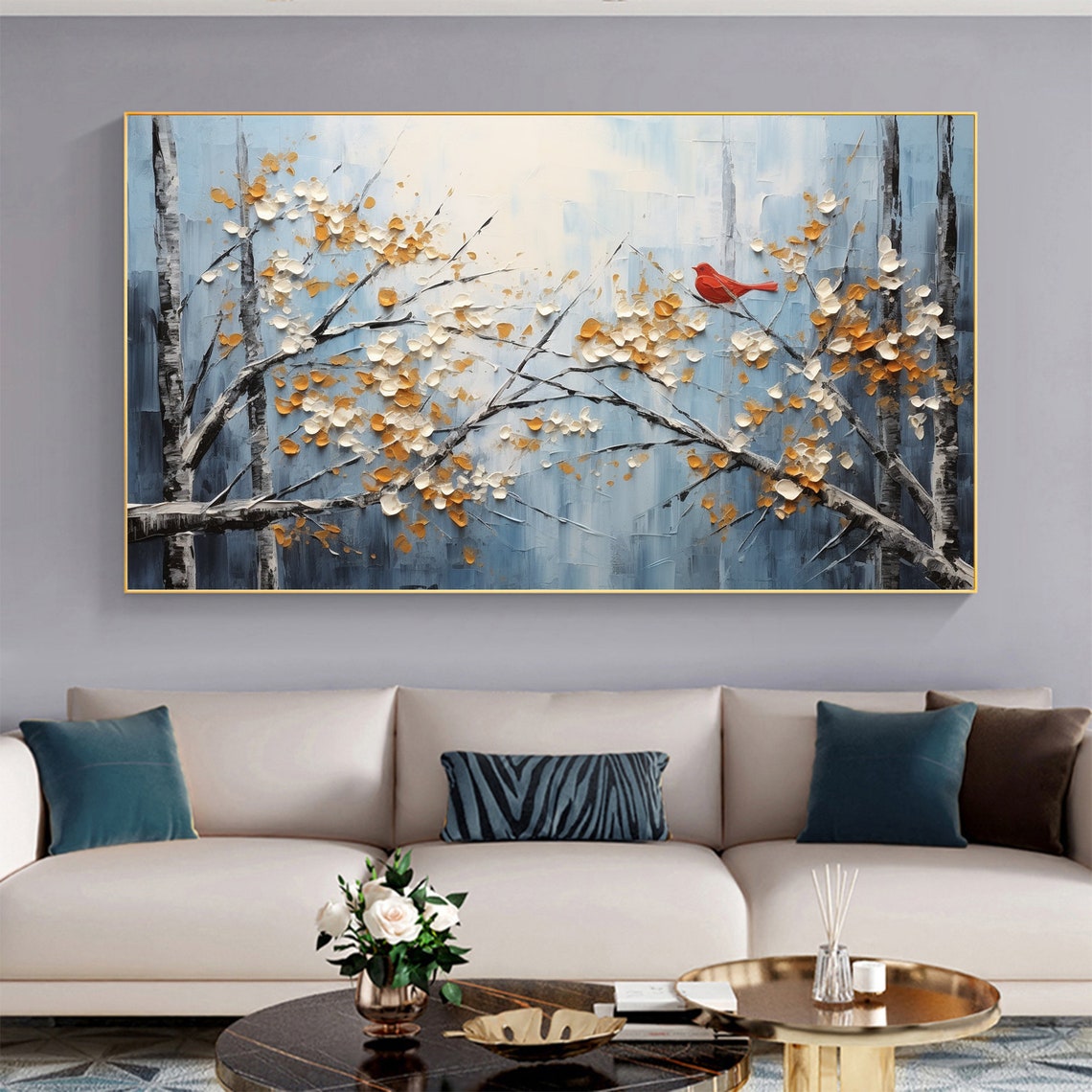 Red Bird Flowering Branches Blue Winter Floral Painting Poster - Image 7