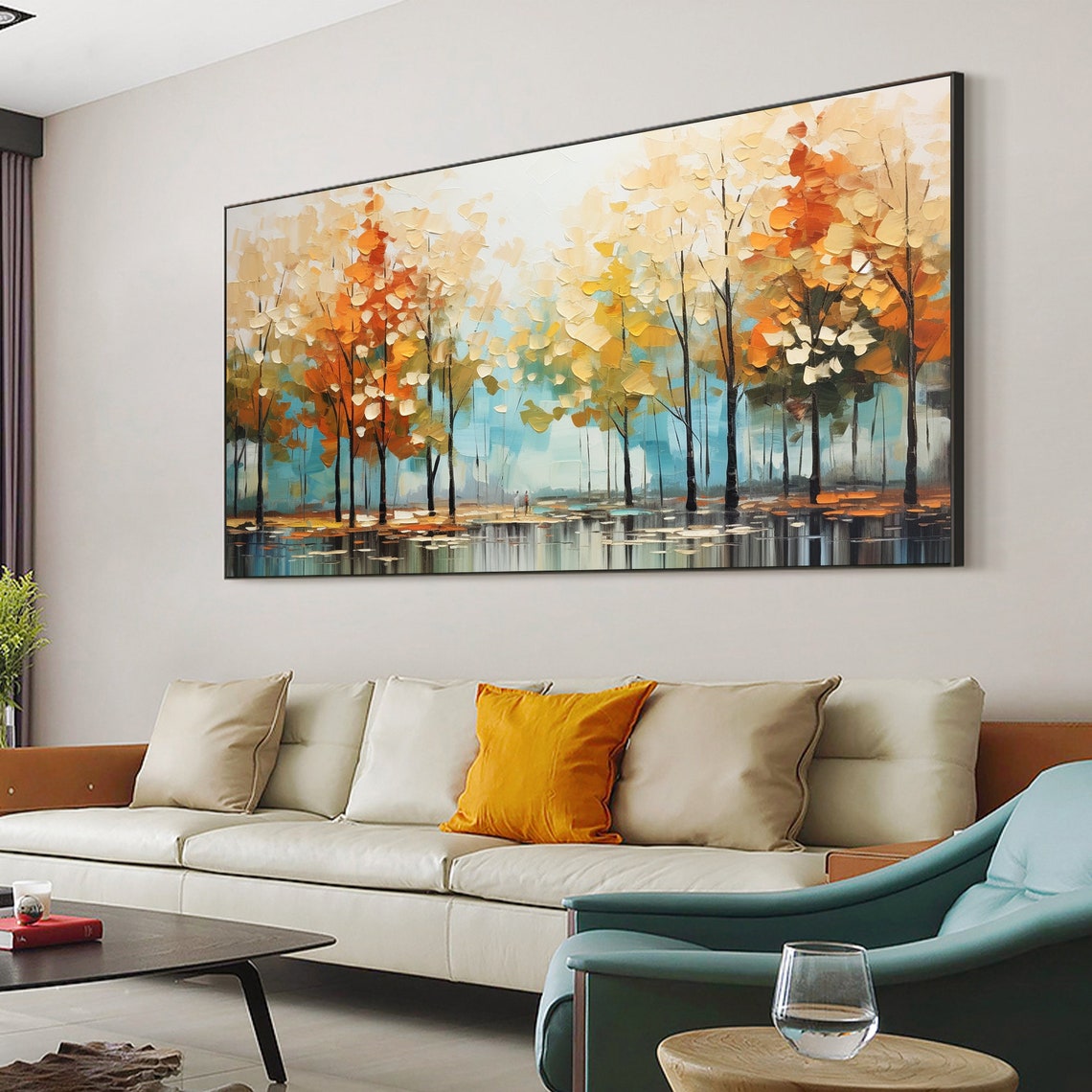 Golden Autumn Forest Trees Reflecting on a Tranquil Blue Lake Poster - Image 4