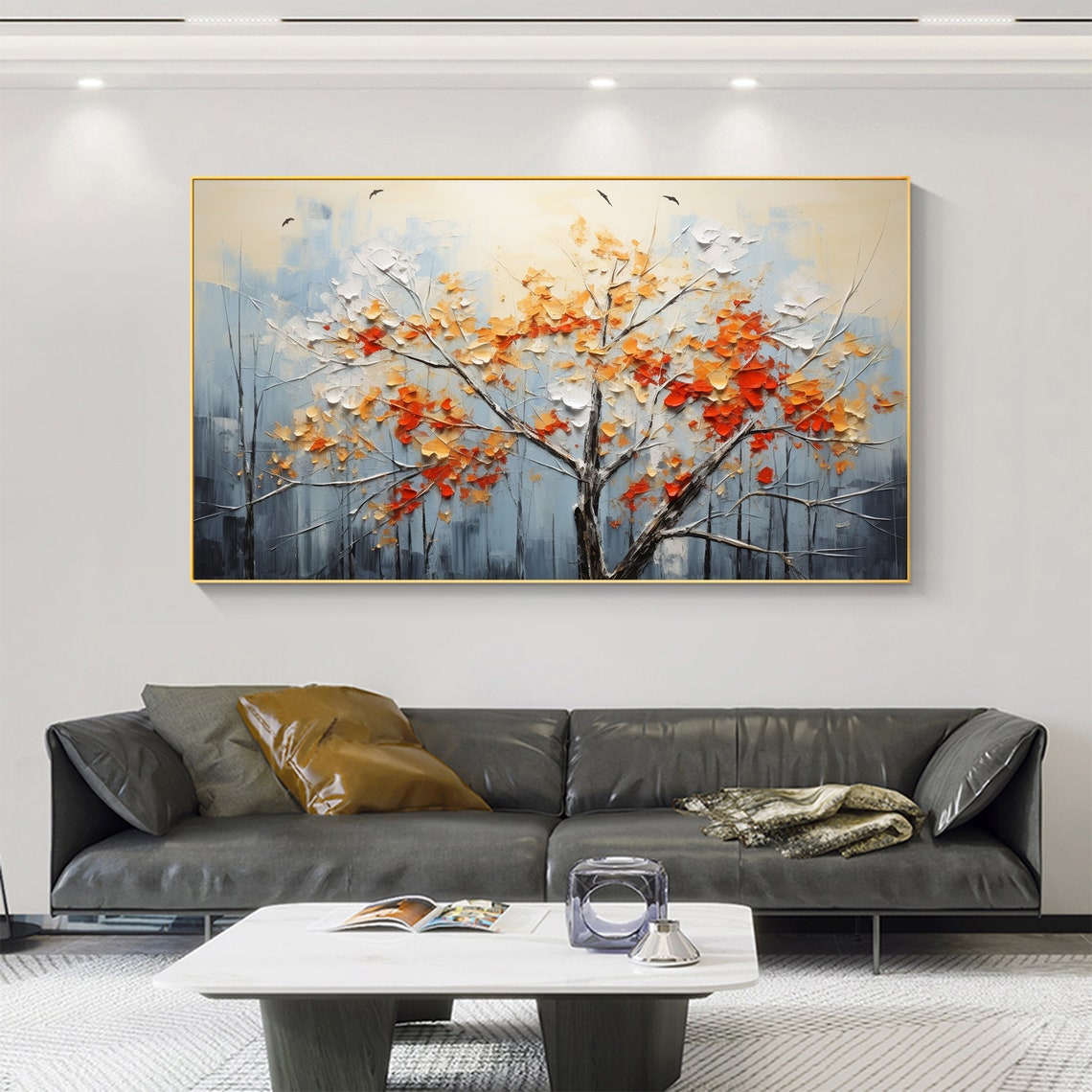 Lone Autumn Tree with Orange Blossoms and Birds in Mist Poster - Image 2