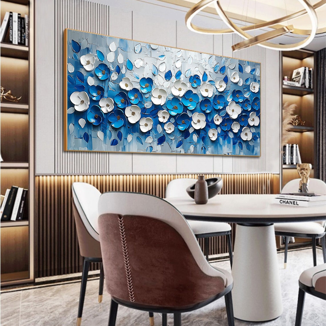 Blue and White Floral Impasto Blossom Living Room Art Poster - Image 6