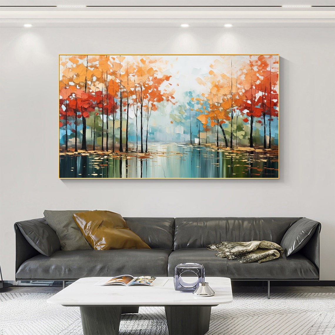 Autumn Forest Trees Reflecting Lake Impasto Landscape Painting Poster - Image 3