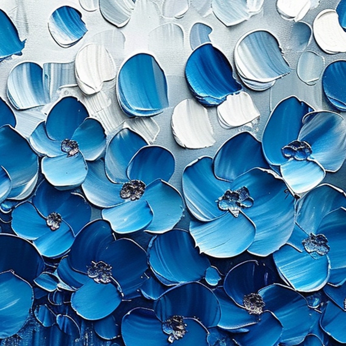 Blue and White Flower Field Ombré Gradient Impasto Floral Poster - Image 5