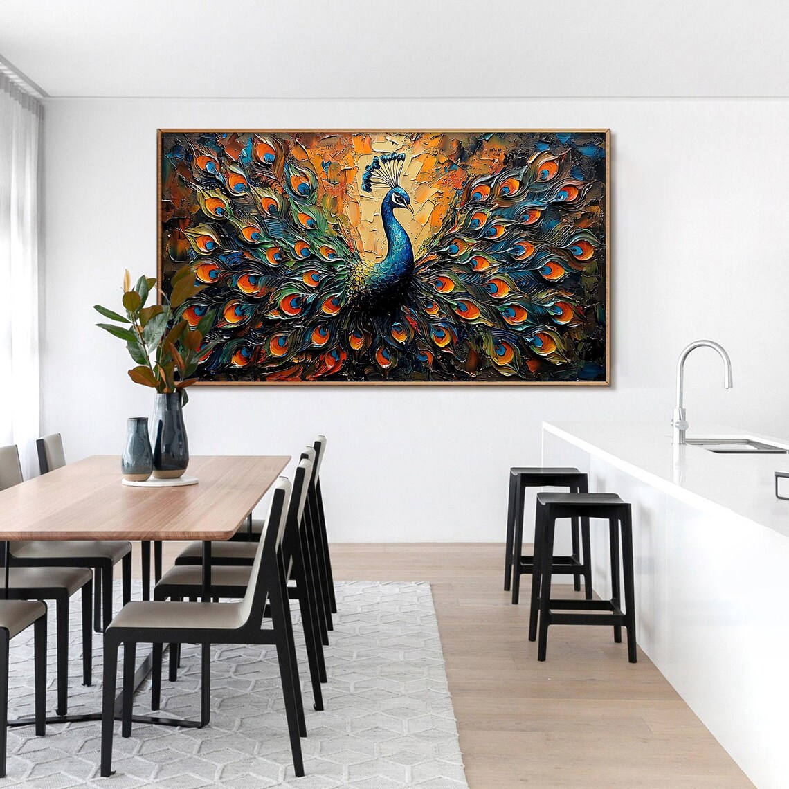 Majestic Peacock with Fanned Iridescent Tail in Impasto Poster - Image 3