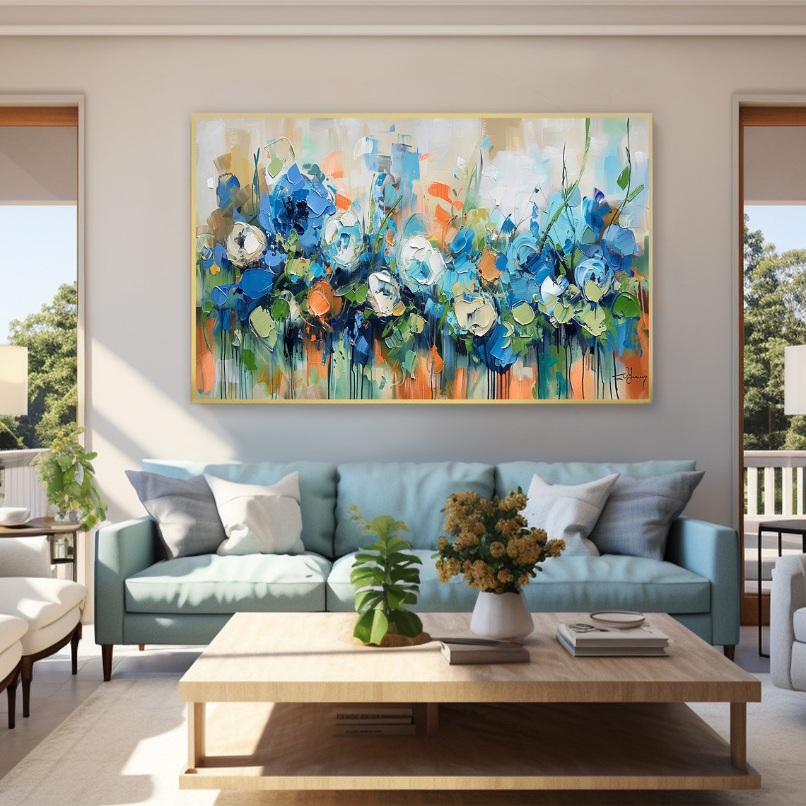 Blue Bloom Palette Knife Floral Abstract Modern Painting Poster - Image 3