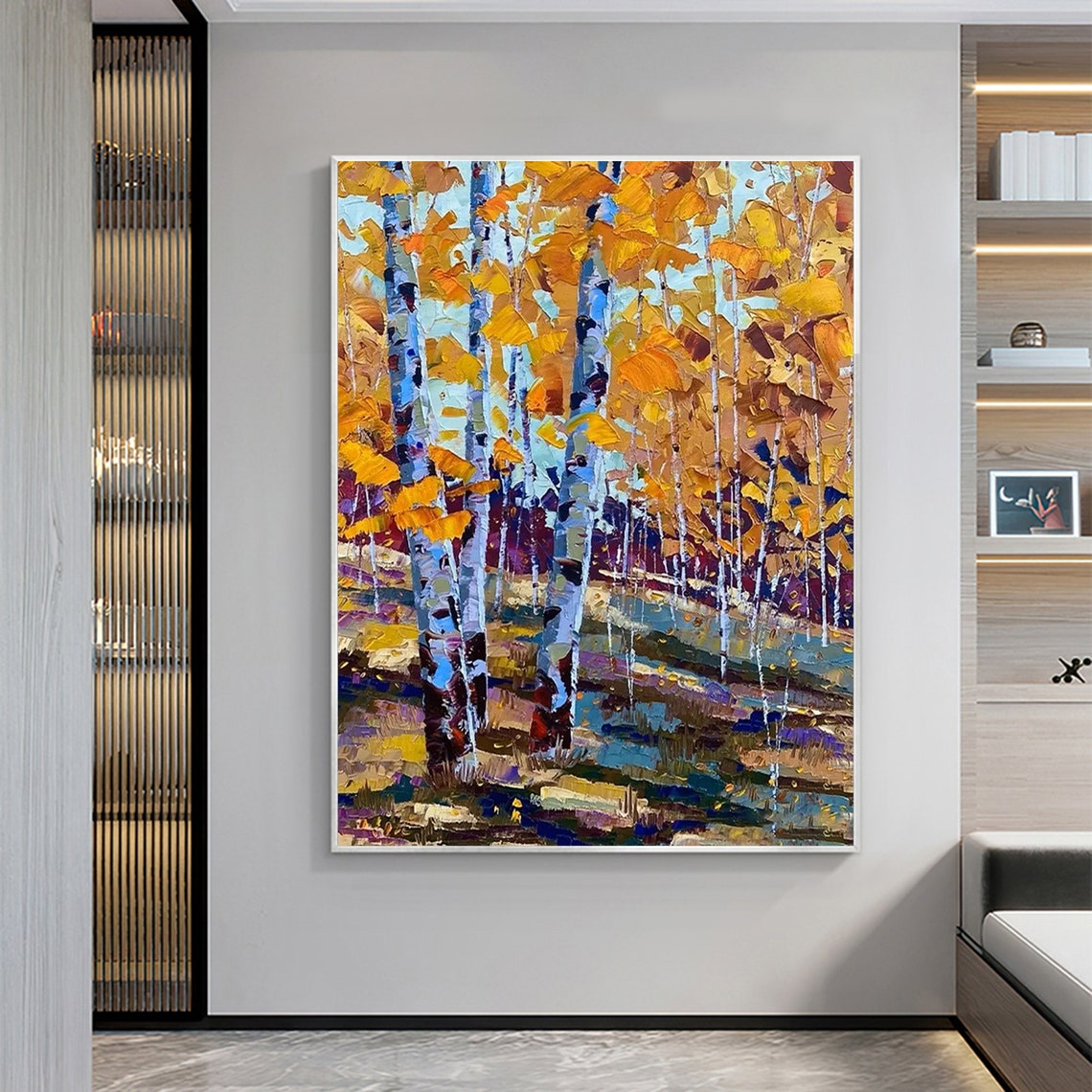 Golden Autumn Birch Trees in Vertical Impasto Oil Style Poster - Image 2