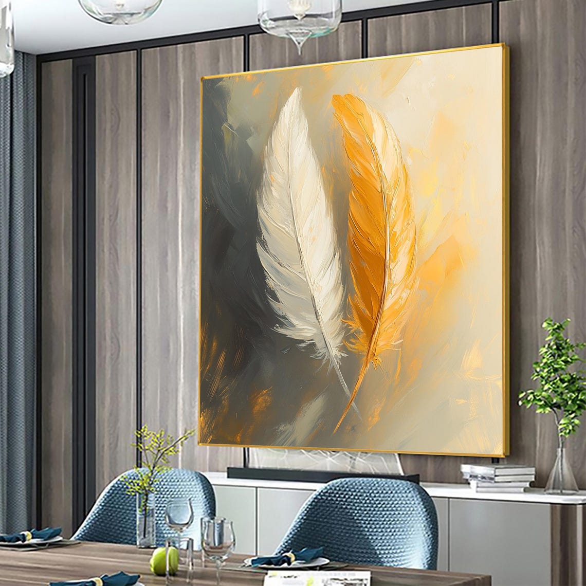 White and Golden Feather Pair Elegant Abstract Oil Art Poster - Image 6
