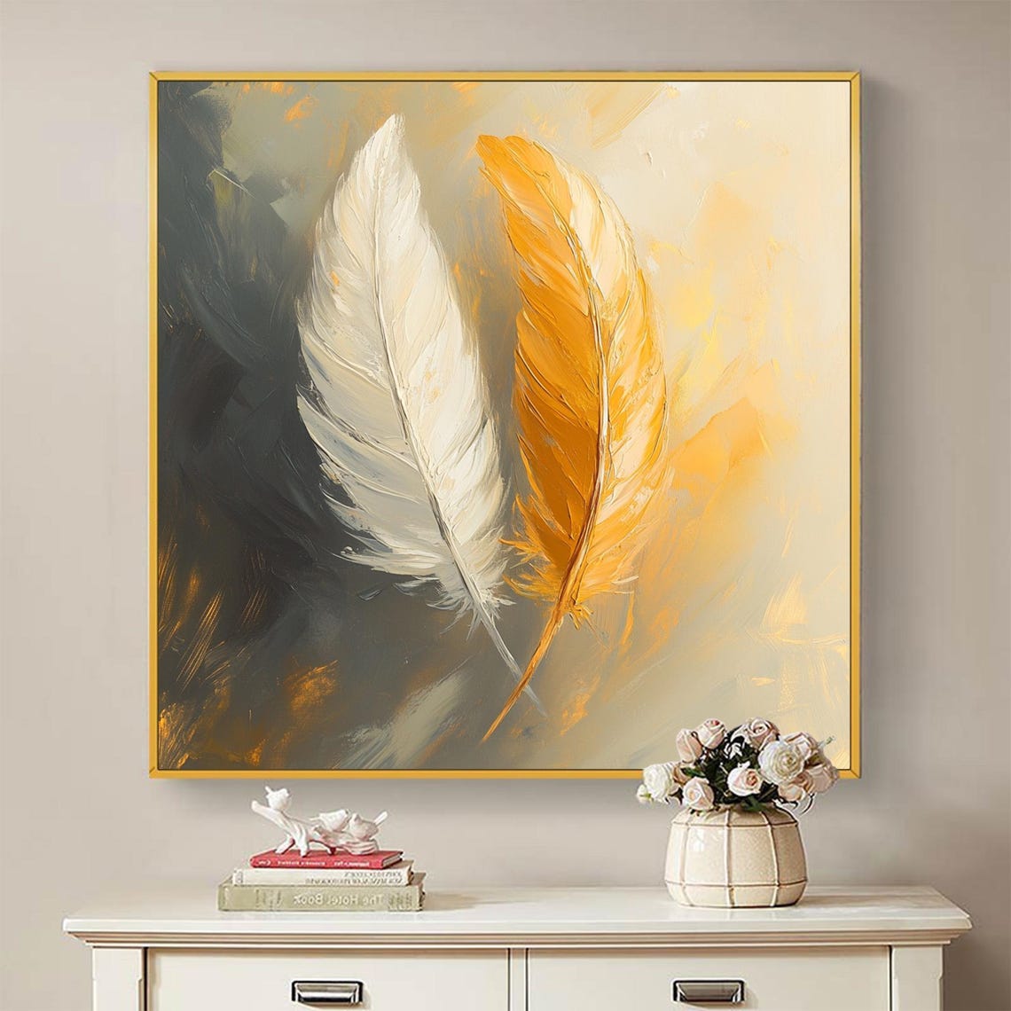 White and Golden Feather Pair Elegant Abstract Oil Art Poster - Image 2