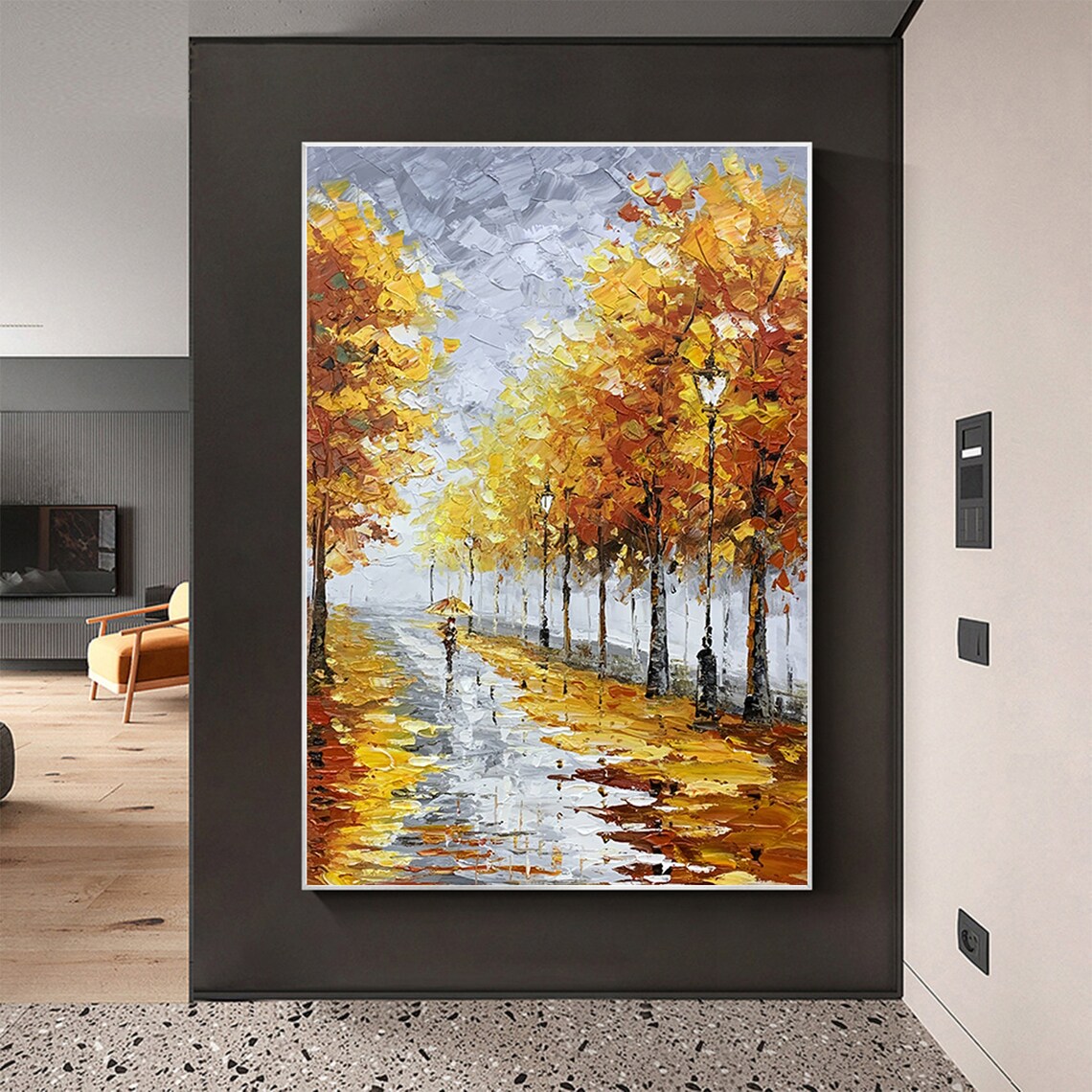 Rainy Autumn Street with Umbrella Golden Trees Oil Painting Poster - Image 6
