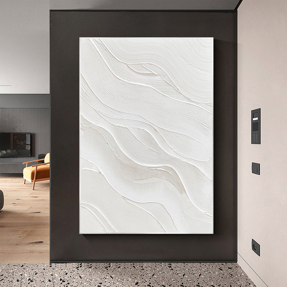 Minimalist All White Textured Wave Abstract Relief Oil Poster - Image 2