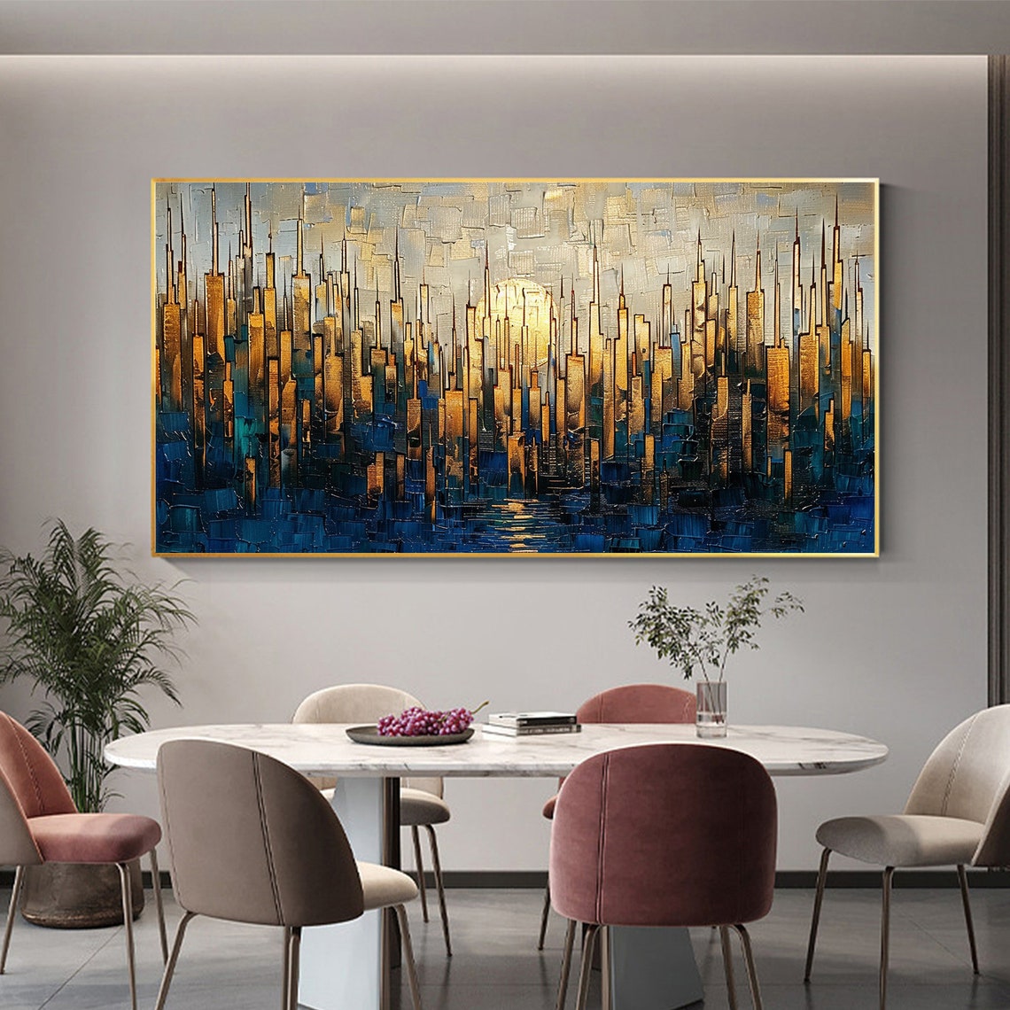 Golden City Towers at Dusk with Blue Water Reflection Poster - Image 4