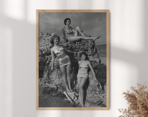 Retro Beach Surfers Vintage Black and White Seaside Poster Art