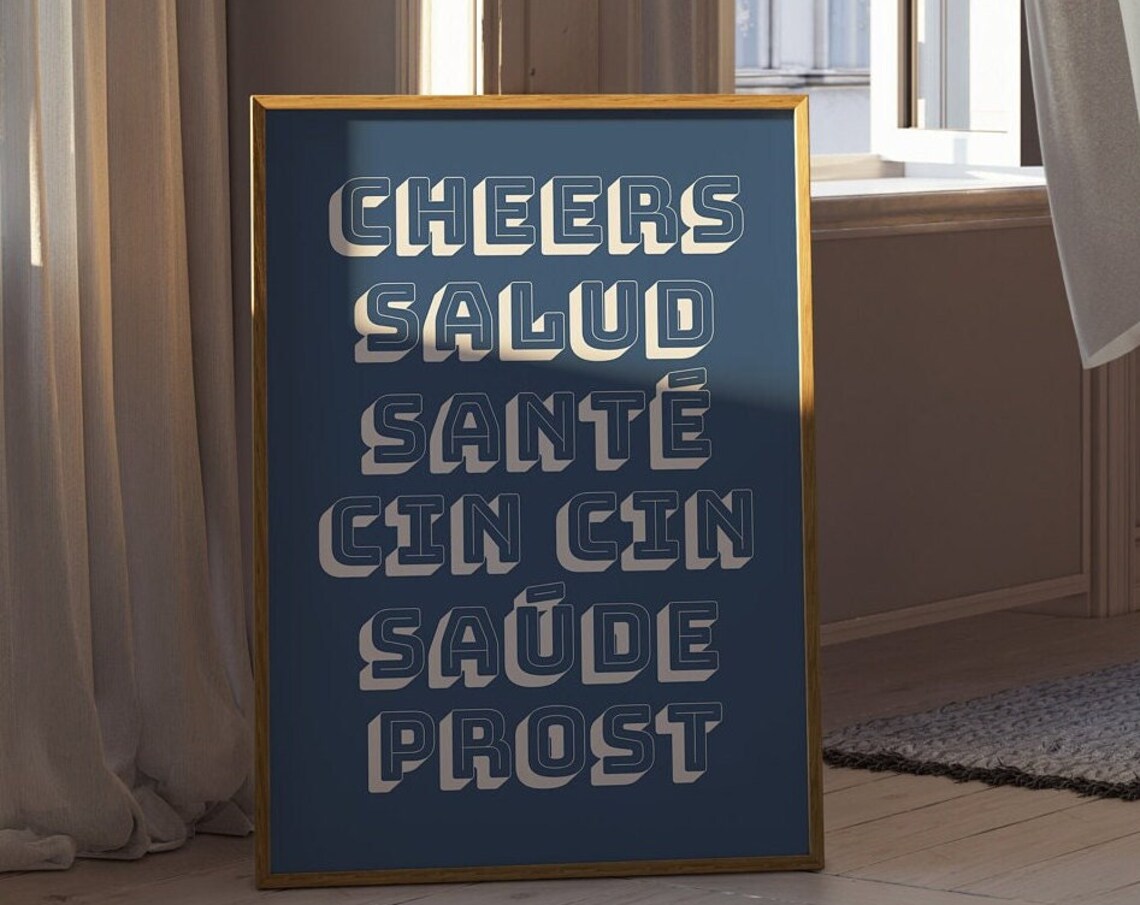 Cheers Salud Sante Multilingual Toast Navy Fun Bar Cart Poster - Image 3