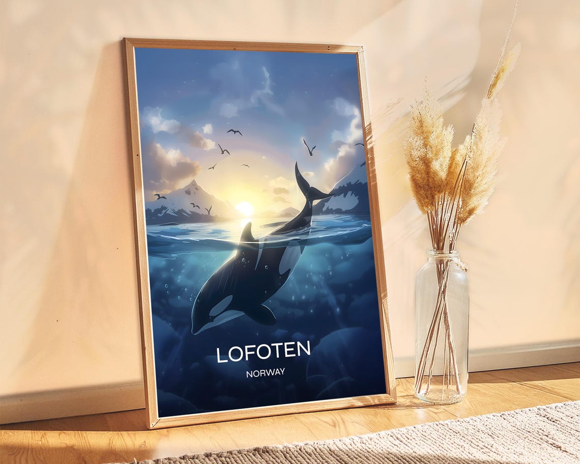 Lofoten Norway Orca Killer Whale Arctic Sunset Travel Poster