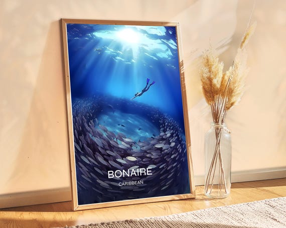 Bonaire Caribbean Poster Exotic Travel Decor Freediving Spot Ocean Scenery Home Or Booking Tropical Island Art