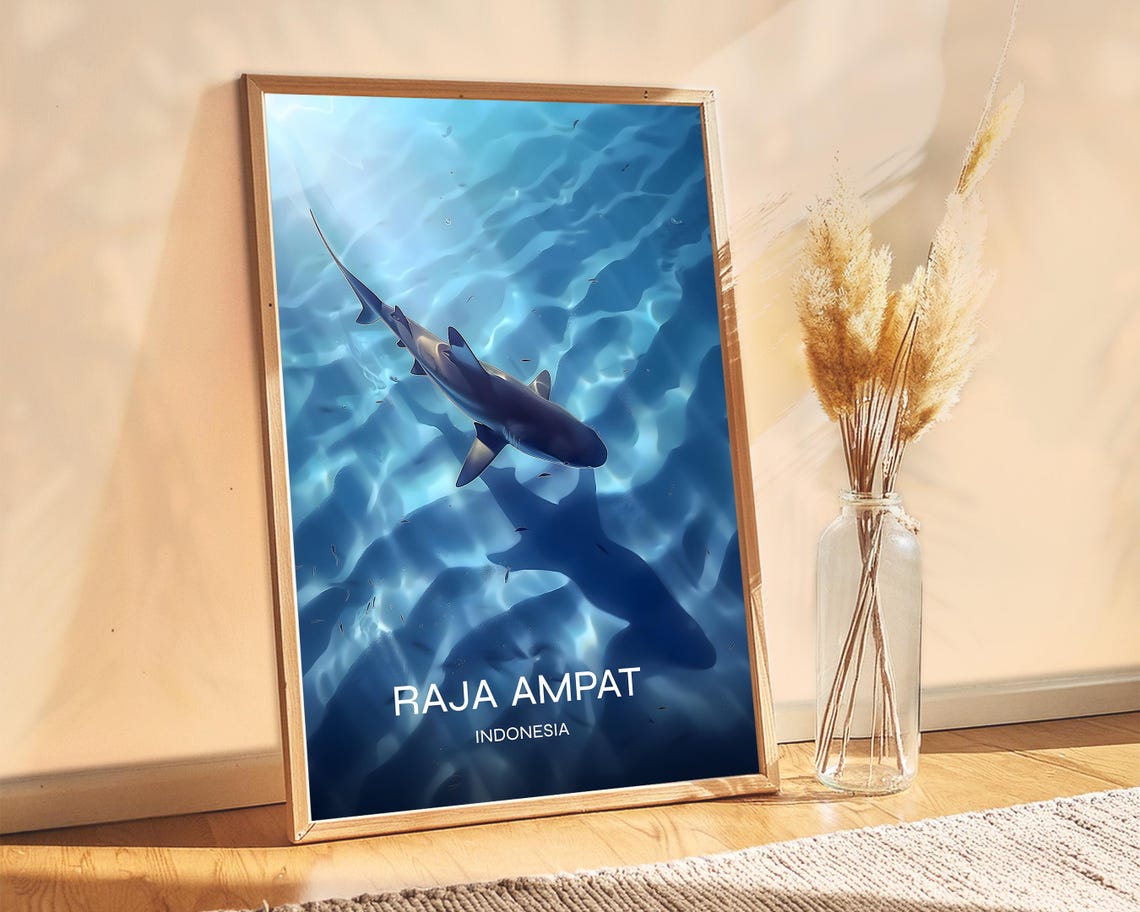 Raja Ampat Indonesia Shark Underwater Ocean Dive Travel Poster