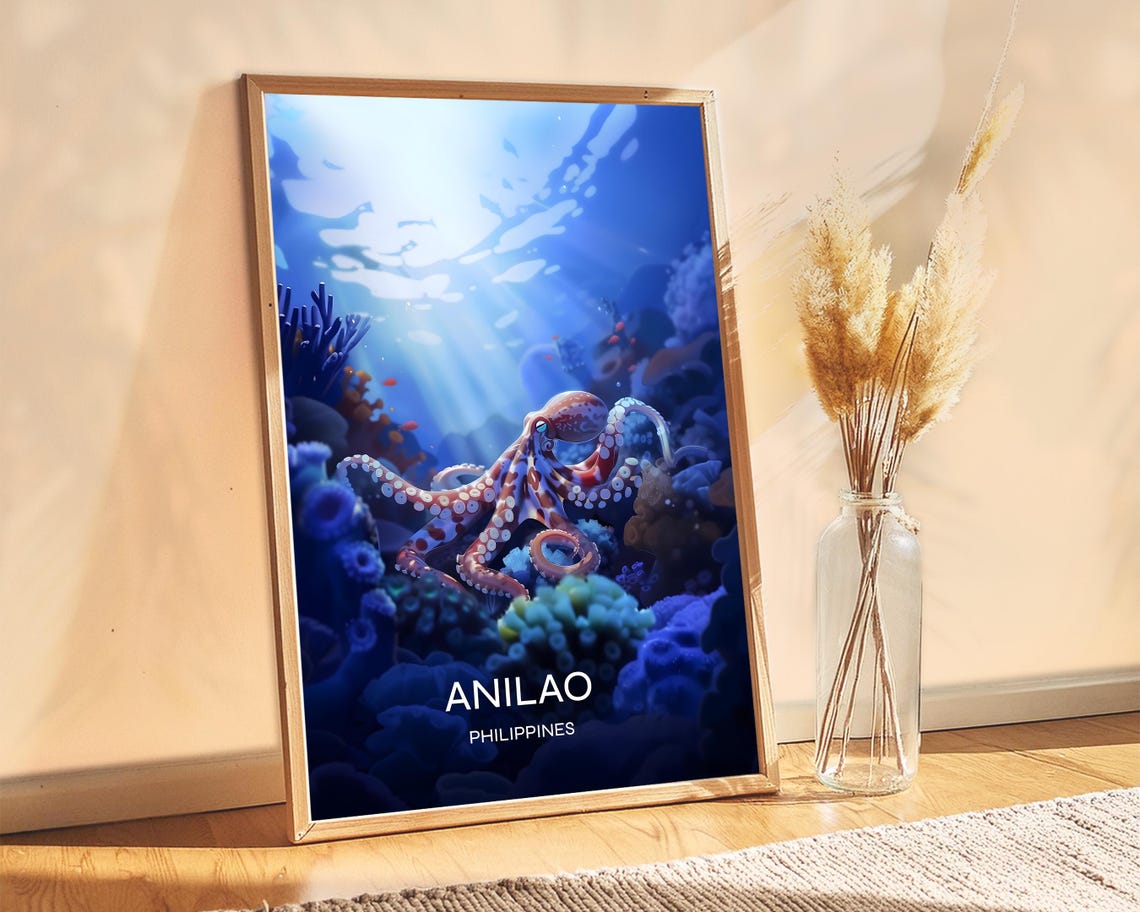Anilao Philippines Octopus Coral Reef Underwater Dive Scene Poster