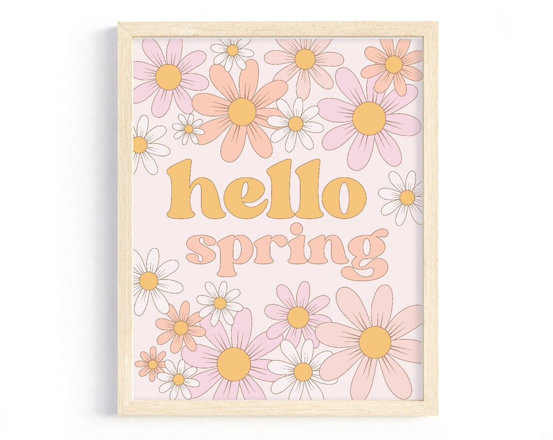 Hello Spring Poster Print, Retro Floral Daisies