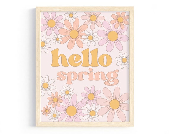 Hello Spring Poster Print, Retro Floral Daisies