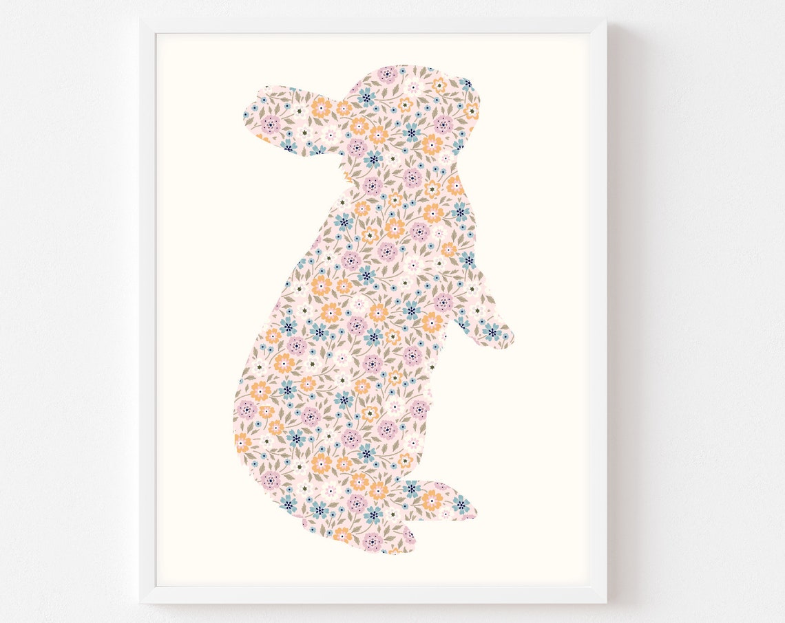 Floral Bunny Silhouette Pastel Ditsy Flowers Spring Nursery Poster