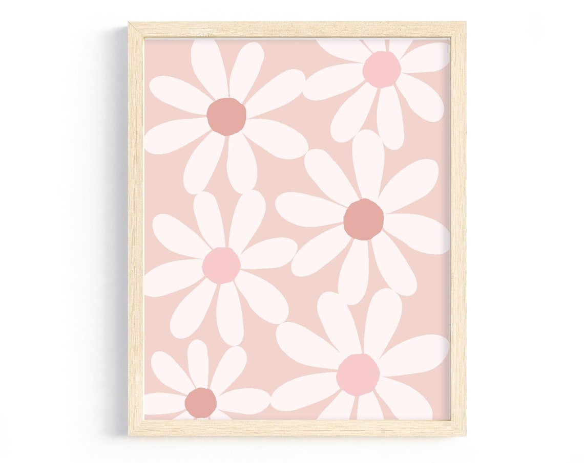 White Daisy Pattern Blush Pink Floral Nursery Girls Room Wall Art