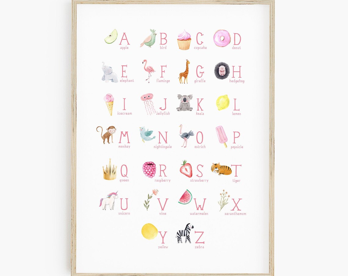 Girls Watercolor Alphabet Nursery Wall Art Print