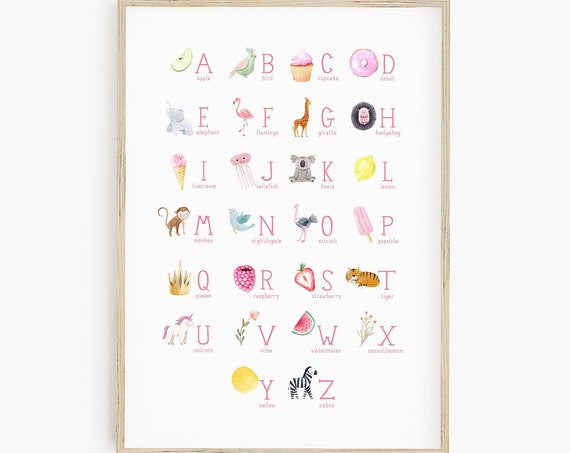 Girls Watercolor Alphabet Nursery Wall Art Print