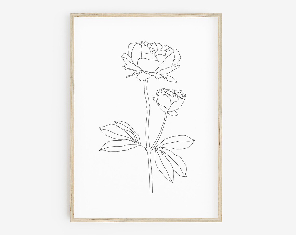 Peony Bloom Line Drawing Minimal Black Floral Nursery Wall Art Print