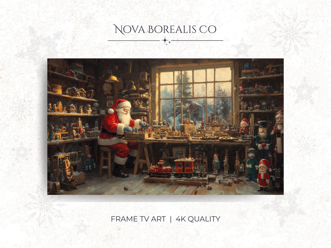 Vintage Santa Claus Workshop Toy Making Cozy Christmas Scene Poster