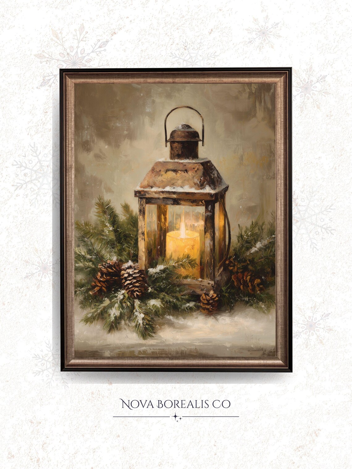 Rustic Lantern Glowing in Snow, Vintage Winter Art Print