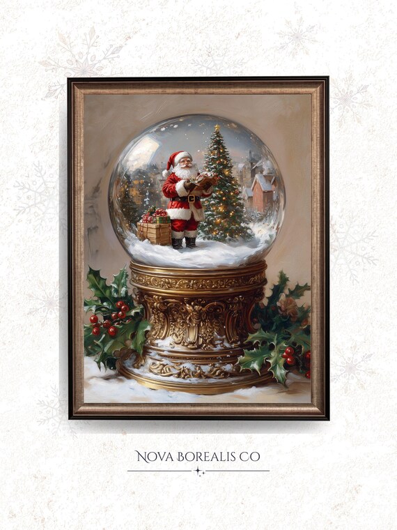 Santa Claus Snow Globe Gifts Christmas Tree Vintage Oil Painting Poster