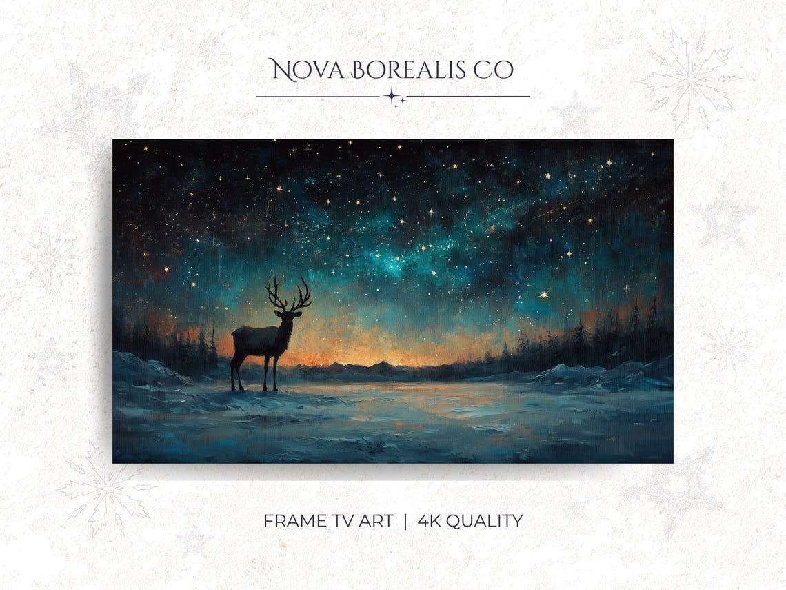 Starry Winter Night Reindeer Silhouette Snowy Landscape Holiday Poster
