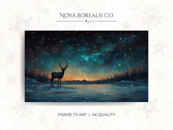 Moody Winter Tv Art Snowy Landscape Painting Frame Lone Reindeer In Night Sky Nordic Wall Decor 74