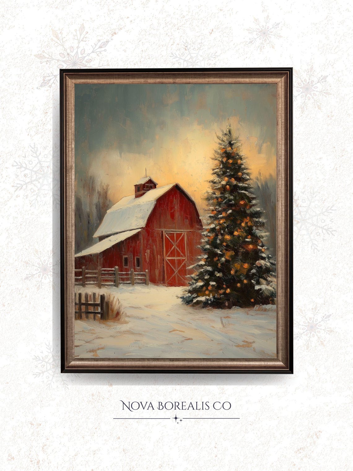 Red Barn In Snow With Lit Christmas Tree Rustic Winter Art Poster