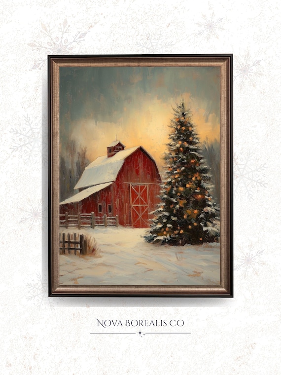 Red Barn In Snow With Lit Christmas Tree Rustic Winter Art Poster