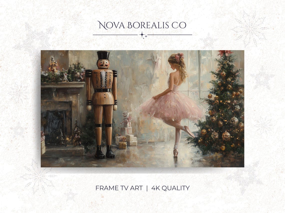Vintage Nutcracker Ballerina Christmas Painting Cozy Holiday Wall Art