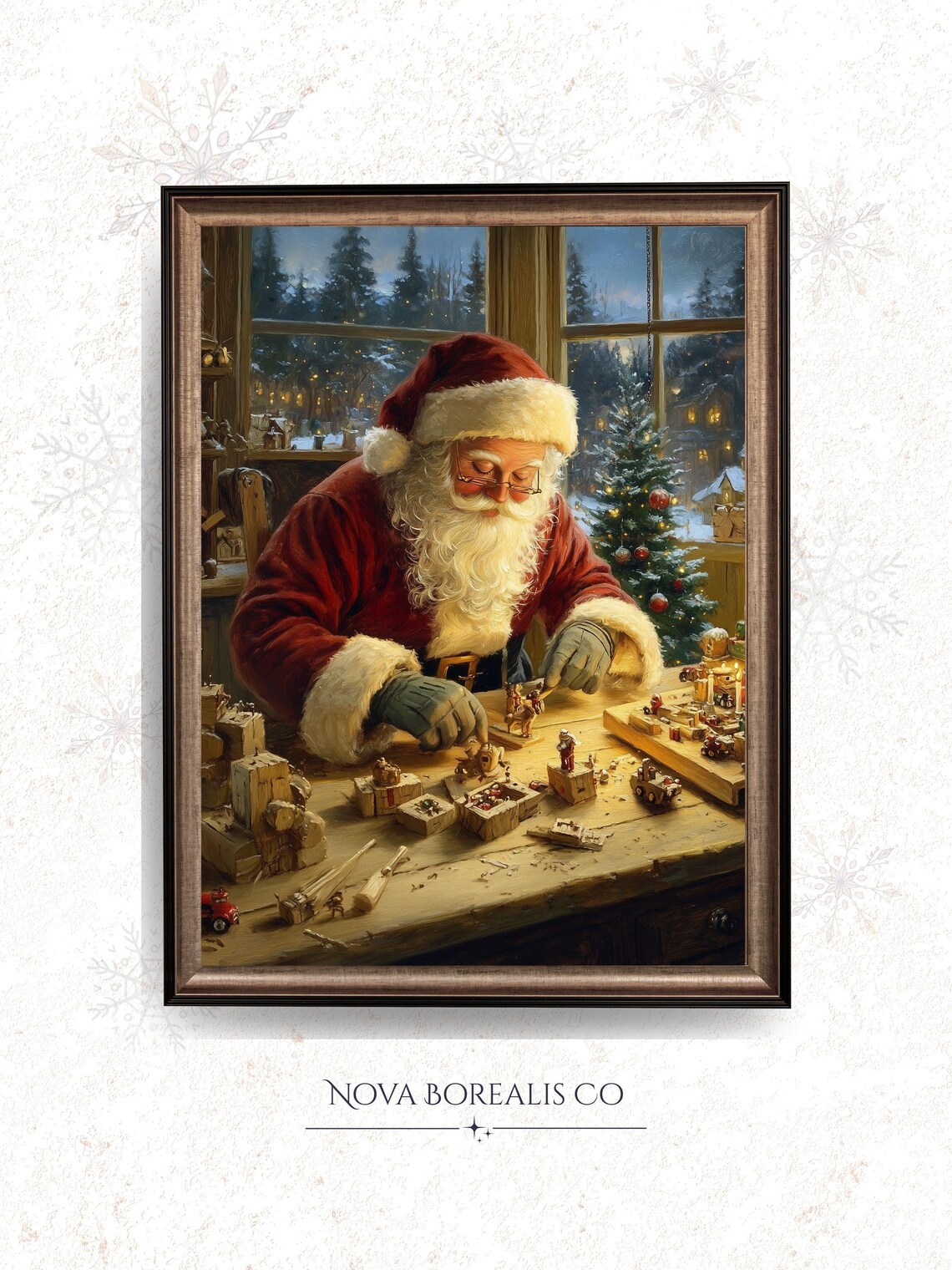 Santa Claus Workshop Crafting Wooden Toys Vintage Art Poster