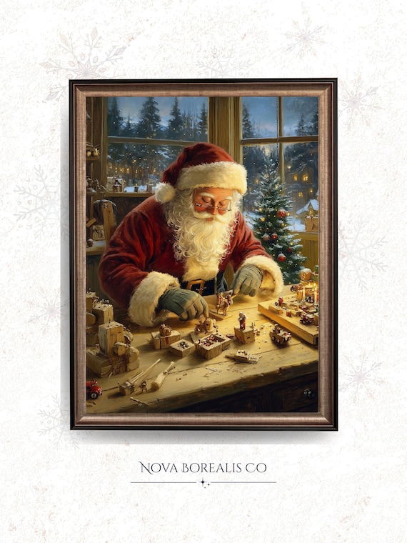 Santa Claus Workshop Crafting Wooden Toys Vintage Art Poster