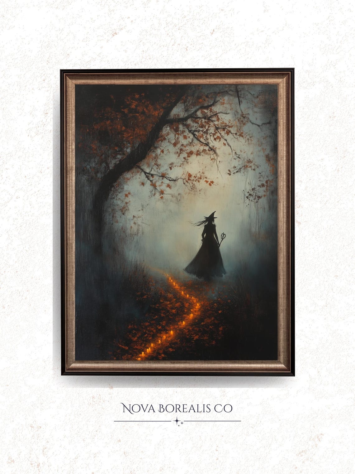 Witch Silhouette Candle Lit Forest Path Moody Autumn Halloween Poster