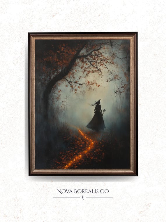Witch Silhouette Candle Lit Forest Path Moody Autumn Halloween Poster