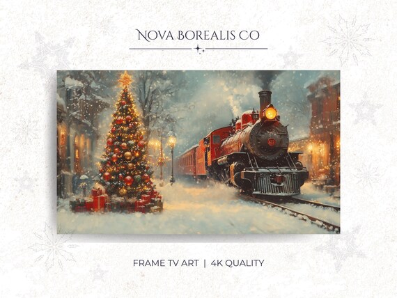 Vintage Christmas Steam Train Decorated Tree Winter Holiday Print