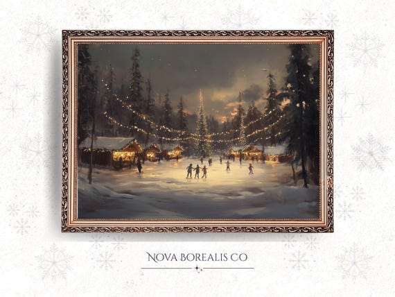 Vintage Snowy Forest Clearing With Ice Skaters Cozy Rustic Wall Art Moody Landscape Print Warm Glow Decor 44