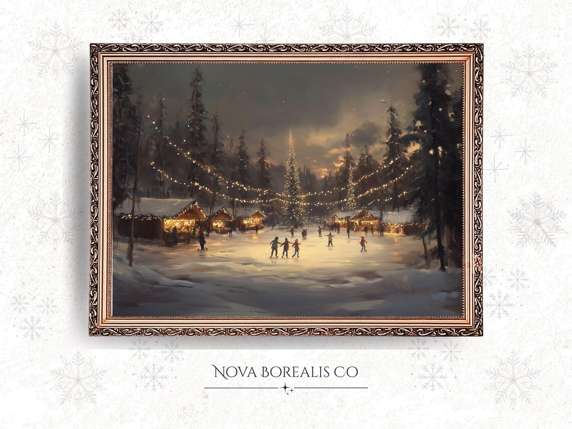 Snowy Forest Clearing Ice Skaters Vintage Winter Village Wall Art