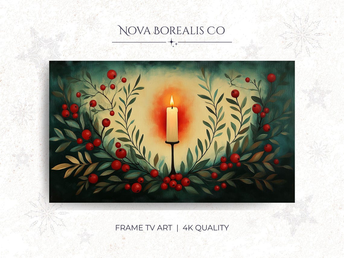 Rustic Candle Wreath Poster Red Berries Holiday Glow Christmas Decor