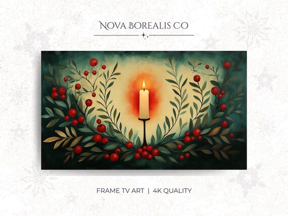 Cozy Scandinavian Frame Tv Art Rustic Candle Wreath Painting Festive Holiday Decor For Instant Access 35