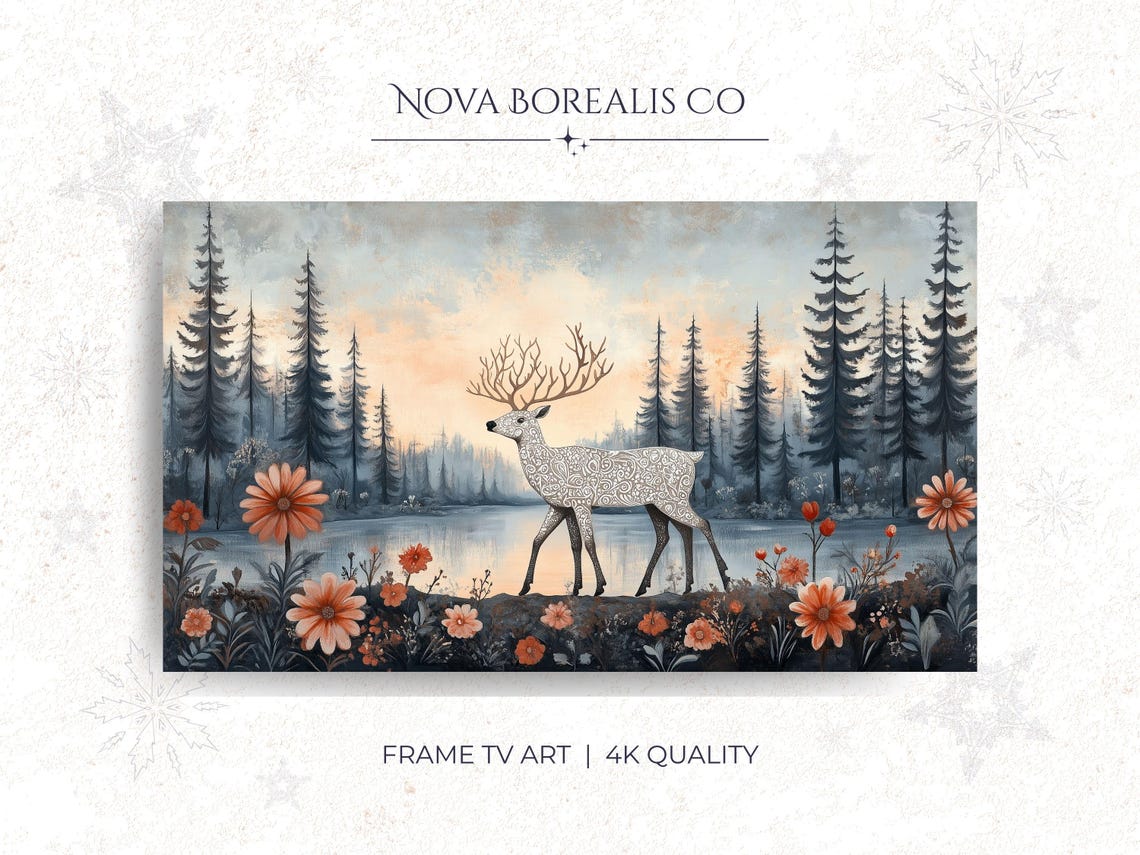 Scandinavian Folk Art Stag By Lake Pine Forest Sunset Frame TV Poster