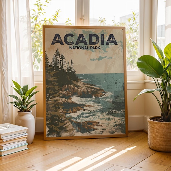Acadia National Park Vintage Coastal Cliffs Rustic Travel Poster