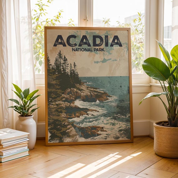 Acadia National Park Vintage Travel Poster Rustic Cabin Decor